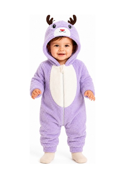 Tatlı Geyik Desenli Welsoft Bebek Tulumu Kapüşonlu Peluş Fermuarlı Kışlık Unisex Bebek Tulumu Mor