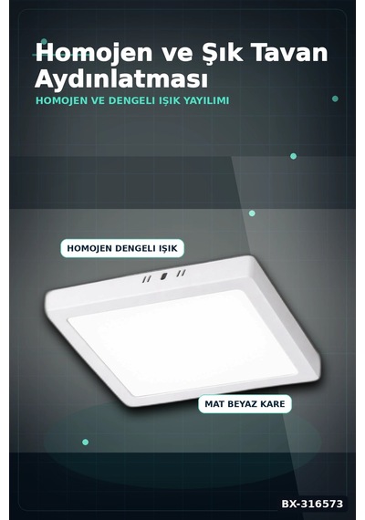 Kare Sıva Üstü Led Panel Armatür 25w 6400k Beyaz Işık 21 Cm Tavan Lambası Bx-316573 Diğer