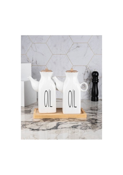 Bambu Standlı Kare 2 Li Porselen Herbiri 1000 Ml Yağdanlık Set 3 Lü Yağdanlık Takım Beyaz Beyaz