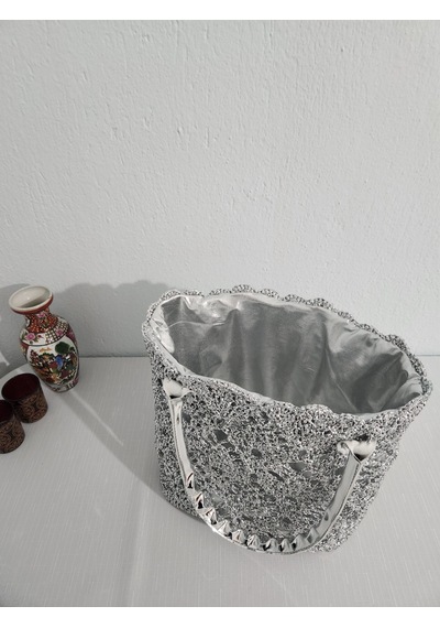 Fikriharika Design Lacebag, Metalik İp, Gümüş, Dantel, Işıltılı Kadın Omuz Çantası