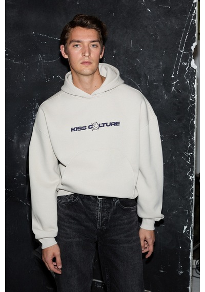 Grimelange TRUETT Erkek Kapüşonlu Kanguru Cepli Önü Ve Sırtı Baskılı Oversize Gri Sweatshirt