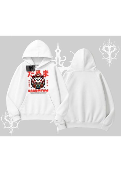 Startmore Kapşonlu Sweatshirt Daruma Kedi Anime Baskılı Beyaz