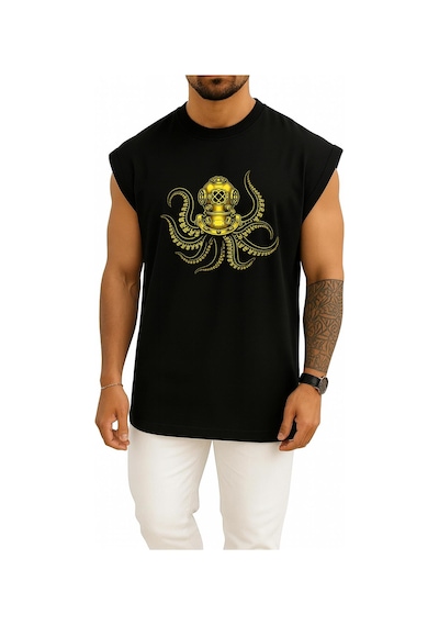 Bahriyeli Collection Oversize Steampunk Octopus Dalgıç Başlığı Göğüs Ve Sırt Baskılı Atlet Siyah