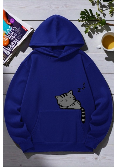 Uyguntarz Unisex Uyuyan Kedi Baskılı Kapüşonlu Sweatshirt Saks Mavi