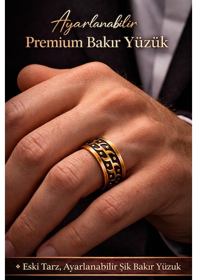 Erkek Bakır Yüzük Üstü Desenli Otanik Model Ayarlanabilir Erkek Yüzük - Model Bkr0016-yuz