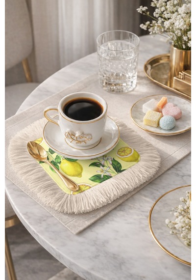 Limon Çiçek Bahçesi Saçaklı Sunum Peçetesi - Pastel Yaz Ferahlığı Akdeniz Sarı Bardak Altlığı Mendil Çok Renkli