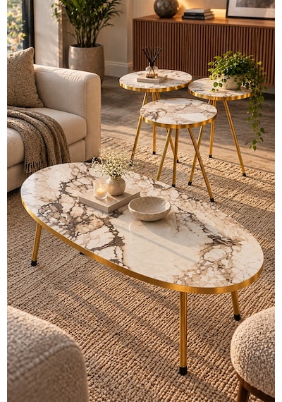 Sulorahome Beyaz Ve Gold Metal Ayaklı 4'lü Sehpa Seti Tablalar Beyaz Mermer / Ayaklar Gold