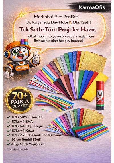 Dev Okul & Hobi Seti 70+ Parça Eva Keçe Elişi Kağıdı Fon Karton Grapon Şönil Yapıştırıcı Seti