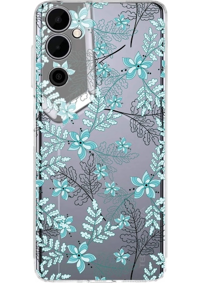 Tecno Pova Neo 2 Uyumlu Kamera Korumalı Floral Su Yeşili Tasarımlı Şeffaf Silikon Kılıf Şeffaf
