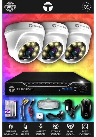 Turkno 3 Kameralı Domie 3 İç Kamera Set 2 TB HDD Full HD Renkli Gece Görüşlü Güvenlik Kamerası Sistemi