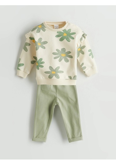 LC Waikiki Lcw Baby Ekru Çiçekli Kız Bebek Sweatshirt Ve Pantolon 2'li Takım Cream Prınted