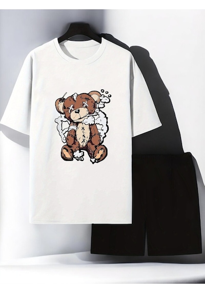 Uyguntarz Unisex X Ayı Tasarım Basklı Tshirt Şort Takımı Beyaz