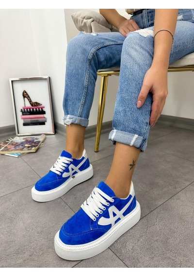 Erva'nın Butiği Mavi Beyaz Tig Kadın Bağcıklı Sneakers-4892 Mavi Beyaz Süet