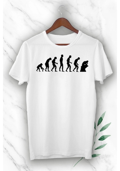 Unısex Beyaz Evolution Evrim Baskılı Tişört Beyaz