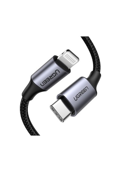 Ugreen Usb-c - Lightning 3a Pd Mfi Sertifikalı Örgülü Hızlı Şarj Kablosu, 1 M, Siyah,