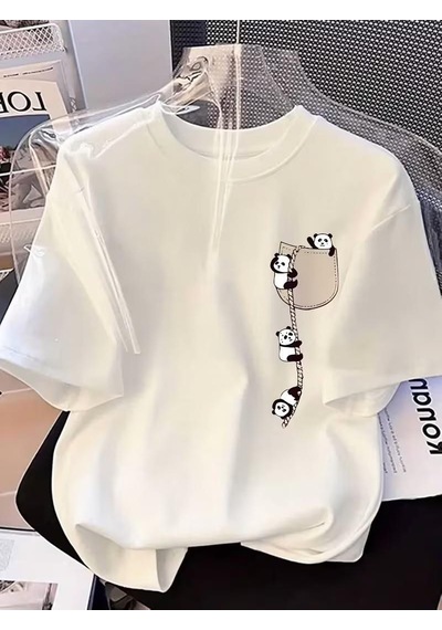Sevimli Panda Grafikli İpli Cep Detaylı Kısa Kollu Oversize Unisex Bisiklet Yaka Tişört Beyaz