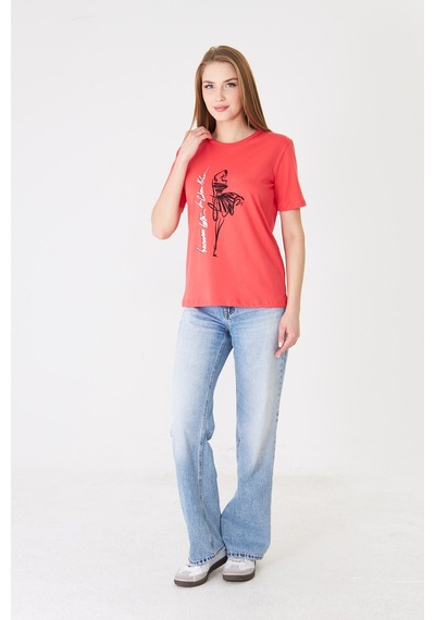 Sortie Collection Eteği Tül Detaylı Silüet Baskılı Basic Tshirt Mercan