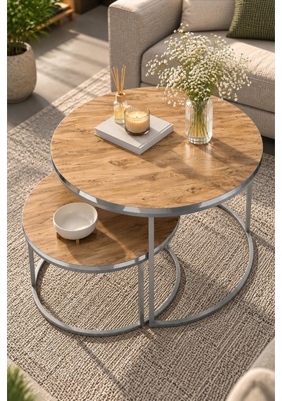 Sulorahome Gümüş Metal Ayaklı Ceviz Desenli 2'li Yuvarlak Orta Sehpa Seti
