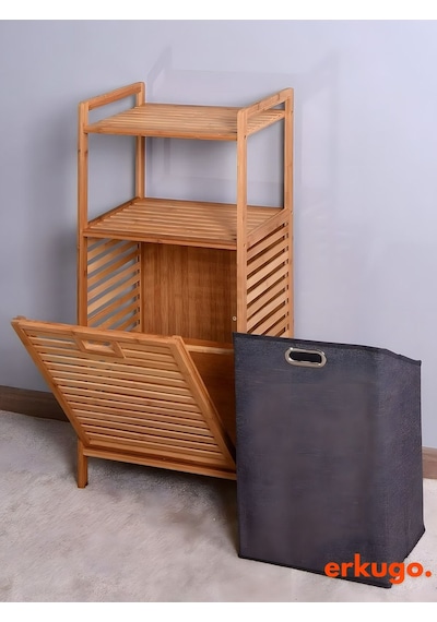 Bambu 2 Raflı Kirli Sepeti, Çok Amaçlı Banyo Düzenleyici, Çamaşır Sepeti Organizer, Raf Bambu