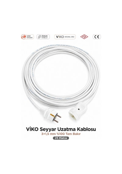Viko Seyyar Uzatma Kablosu 25m 25 Metre 3x1.5 Mm %100 Bakır Öznur Kablo Viko Erkek Dişi Fiş Klemens Terminalli Topraklı Tse Ce Belgeli 25 M