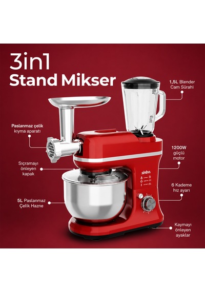 Sinbo Smx-2772 Kırmızı Mutfak Şefi Stand Mikser 3 İn 1 Kıyma Aparatlı 1500w