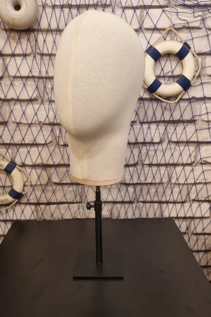 Kumaş Kaplı Metal Standlı Polyester Kafa Mankeni Aksesuar Mankeni Şapka Mankeni Peruk Mankeni 0011