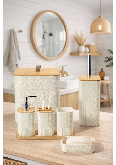 Makri Home Desenli 7 Parça Bambu Kapaklı Ve Aksesuarlı Banyo Seti Mavi