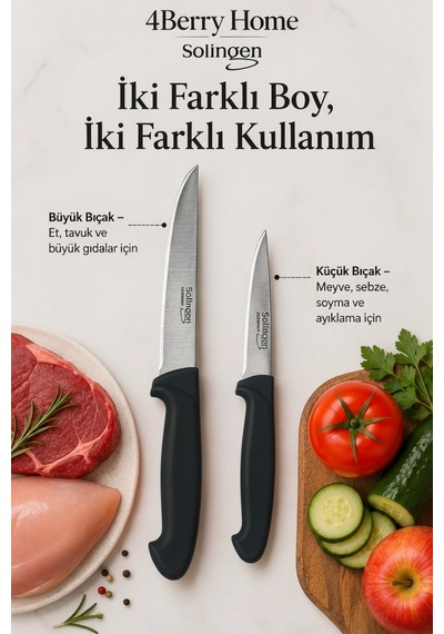 Solingen 2 Li Paslanmaz Çelik Mutfak Bıçağı Seti Et, Meyve Ve Sebze Bıçağı Siyah