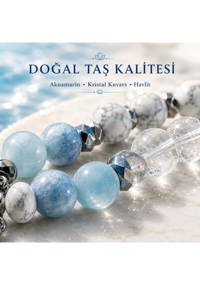 Sakinleştirici Safravi Doğal Taş Bileklik Akuamarin, Kristal Kuvars & Havlit