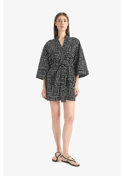 Defacto %100 Pamuk Regular Fıt Desenli Kuşaklı Kimono D0453AX24SM Siyah