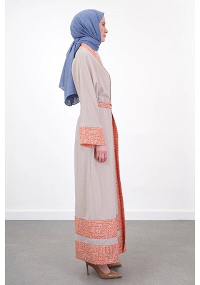 Pureva Garni Detaylı Kuşaklı Keten İkili Kimono - Bej/oranj Çok Renkli