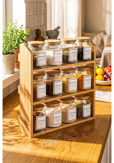 Prime - 3 Katlı Saklama Kabı Organizer Bambu Standlı Baharatlık Seti Diğer