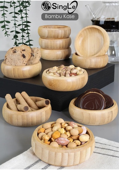 3 Adet Yuvarlak Ahşap Bambu Çerezlik - Çerez Tabağı Sunum Kasesi Lokumluk Sunumluk Kase 9 Cm