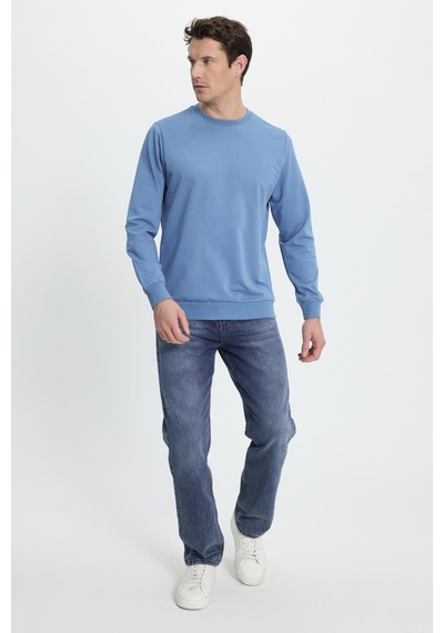 Tudors Erkek Relax Fit Rahat Kesim %100 Pamuk 2 İplik Bisiklet Yaka Mavi Sweatshirt-41518