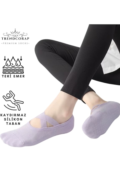 Trendcorap Premium Kadın Kaydırmaz Silikon Baskı Tabanlı Pilates Yoga Fitness Bale Dans Aktivite Çorabı 9'lu Siyah