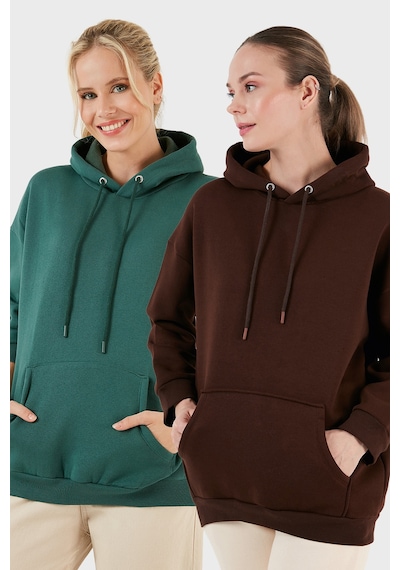 Lela Regular Fit Pamuklu Kapüşonlu Yaka Şardonlu Kışlık 2'Li Paket Bayan Sweat 5863854S2 Nefti-Kahve