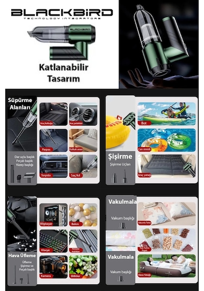 Blackbird Mk-5802 16000pa Katlanabilir Kablosuz Araç Süpürgesi 3 Kademeli Güç Şarjlı El Süpürges