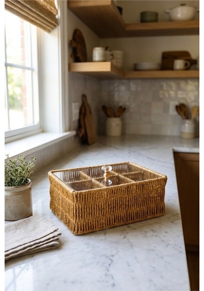 6 Bölmeli Rattan Düzenleyici Organizer Bitki Çayı Sepeti Şeffaf Kristal Kapaklı Rattan Saklama Kutusu Çay Poşeti Organizeri Kristal Kulplu 24,5 X 17 X 10 Cm Kahverengi Kahverengi