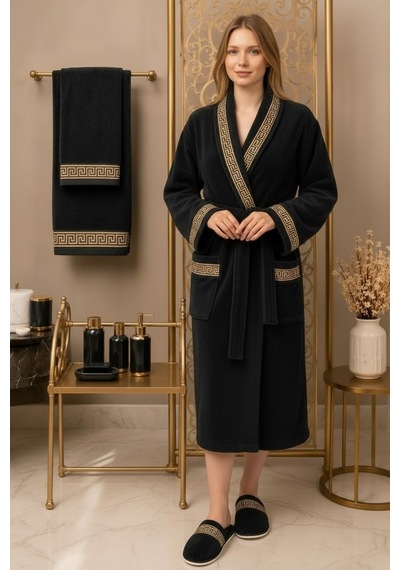 Premium %100 Pamuk Unisex Şalyaka Cepli Bornoz Seti 4 Parça Havlu Terlik Takımı Siyah Siyah
