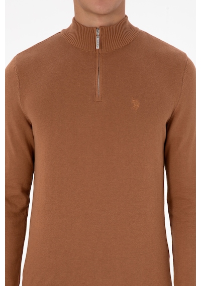 U.S. Polo Assn. Erkek Slim Fit Yarım Fermuarlı Camel Basic Kazak 50313695-VR233