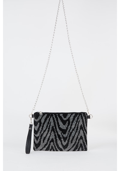 Vivaq Kadın Zikzak Gümüş Taşlı Süet Bilek Askılı Ve Zincir Askılı Portföy El Ve Clutch Çanta SİYAH