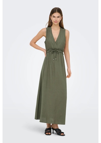 Only Kadın Onlgoa Kruvaze Yaka Beli Lastikli Keten Maxi Elbise 15363694 Haki