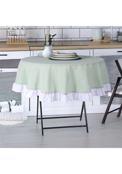 Dnc Home Tekstil  Yeşil Keten Yuvarlak Beyaz Fırfırlı Masa Örtüsü Yeşil