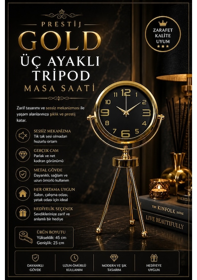 Vintage Prestige Üç Ayaklı Metal Masa Saati Gold