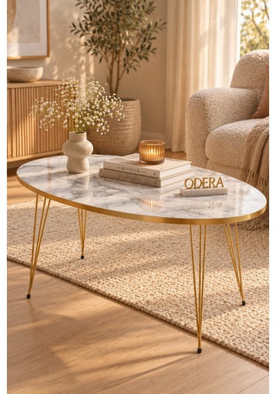 Odera Efes Beyaz Mermer Desenli Yuvarlak Zigon Sehpa 3'lü Set Pvc Kenarlı Metal Ayaklı Retro Salon Sehpası Diğer