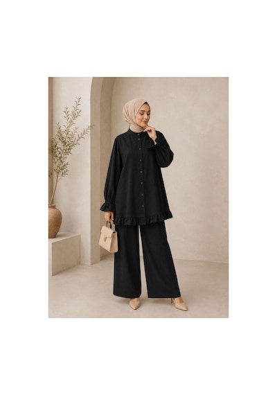 Hira Life Fashion Kadın Çilek Kumaş Dik Yaka Düğmeli Fırfır Detaylı Tesettür Tunik Pantolon İkili Takım Siyah Siyah