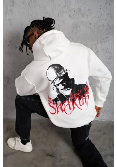 Erkek Baskılı Kapüşonlu Sweatshirt - Beyaz