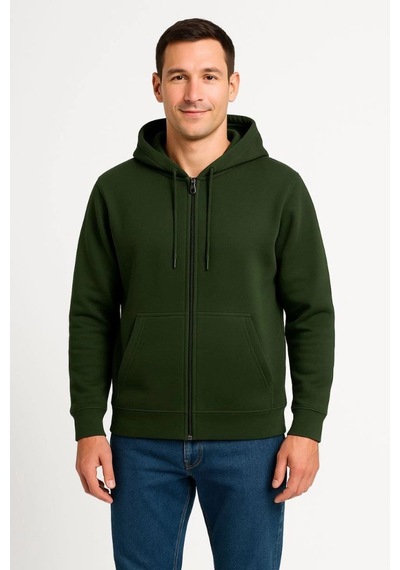 Erkek 3 İplik Pamuklu Kapüşonlu Tam Fermuarlı Cepli Hoodie Sweatshirt - Haki