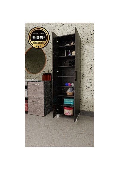 Long 2 Kapaklı Raflı Çok Amaçlı Dolap Banyo Balkon Kiler Mdf Siyah