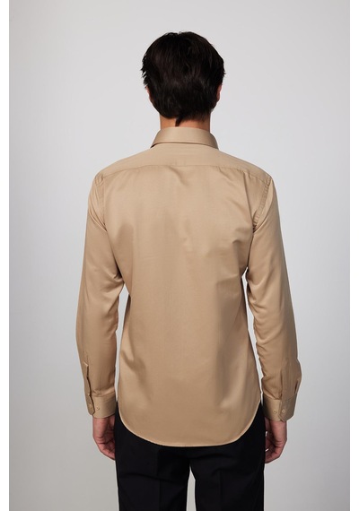 Tudors Modern Slim Fit Uzun Kollu Düz Saten Pamuklu Erkek Krem Gri Gömlek-23059 Krem